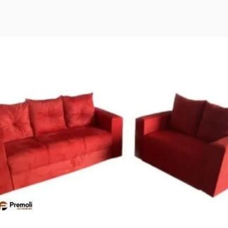 Sofa Pop Bela 2 /3 Lugares Veludo Cor Vermelho almofadas soltas Pés em Madeira Variação de tonalidade