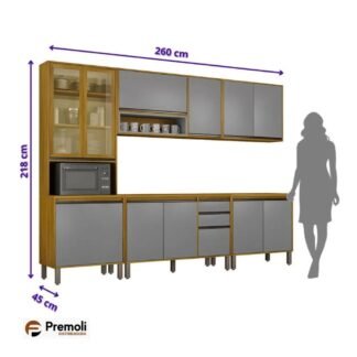 Cozinha Eduarda 5 Peças Cristaleira-C/Led Balção 1.20cm /Balção 80cm / Aéreo1.20cm /Aéreo80cm  Cinamomo Cinza  CHF Móveis portas em MDF