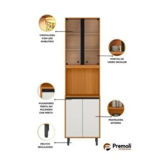Cristaleira Ravena Cor freijò/Off Acetinado Com Led Poliman