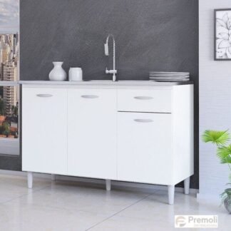 Balcão 1.20  3 Portas 1 Gaveta S/ Tampo C/ Branco A434 Poquema