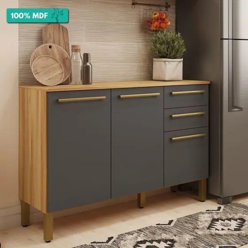 Balcão de Cozinha Carménère 3 Portas e 2 Gavetas c/ Tampo 120cm Amendoa/Chumbo - Ronipa