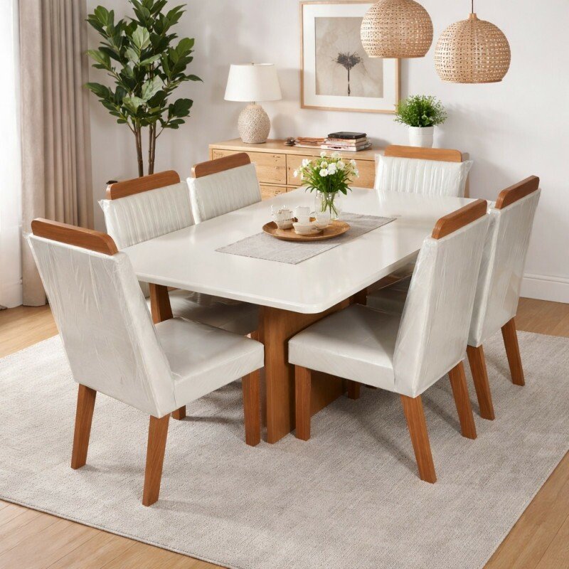 Conjunto Mesa de Jantar Mônaco Indeks 1,70m  com 6 Cadeiras Riviera LJ Móveis.