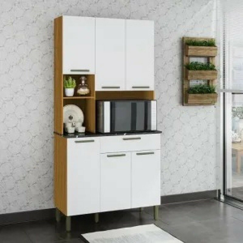 Kit Cozinha 6 Portas 1 Gaveta em MDF Ronipa Tannat Amendoa/Branco