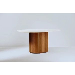 MESA IMCAL LIVING 1.6 C/VIDRO OVAL OFF WHITE/CINAMOMO