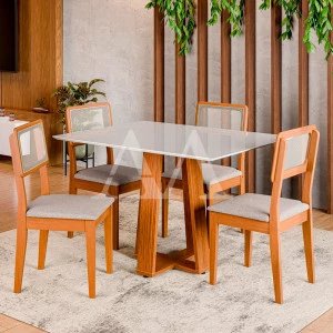 CJ MESA 4C DOBUE MONTANA 120X90 C/VIDRO CINAMOMO/BRANCO OFF/NEVOA BOUCLE