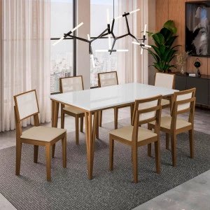 CJ MESA 6C DOBUE SAFIRA 160X90 C/VIDRO CAD SAFIRA IMBUIA/BRANCO OFF/AREIA LINHO