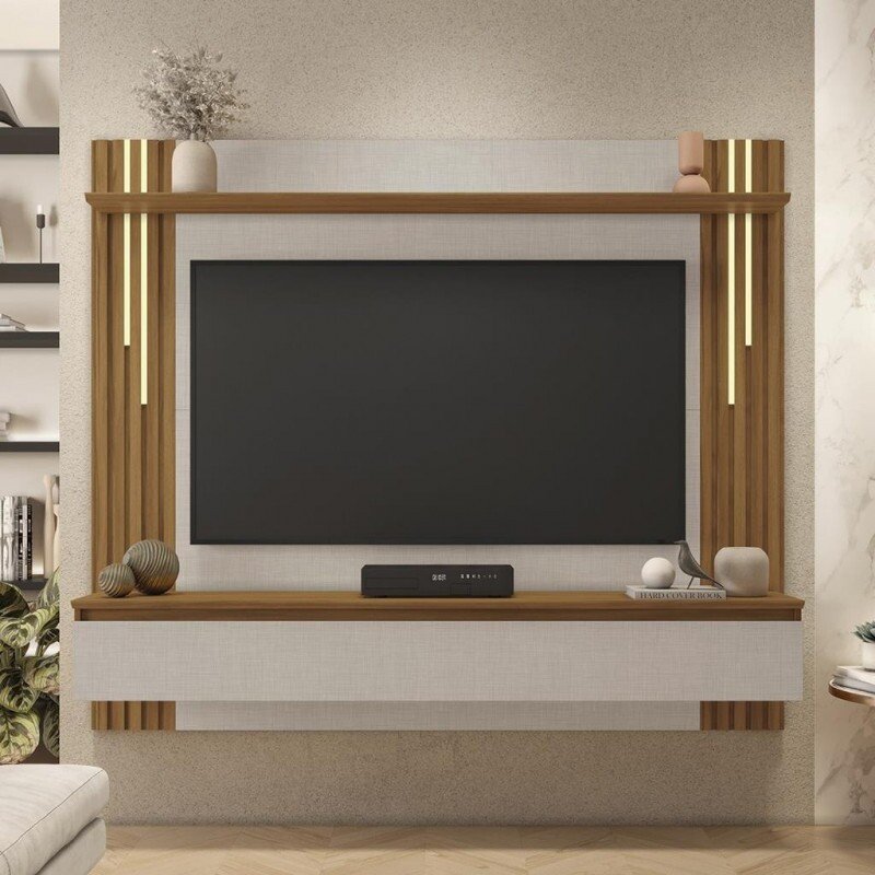 Painel Ripado para TV até 65 Polegadas com LED 1 Porta NT 1345  Off white / Freijo - Notável Móveis