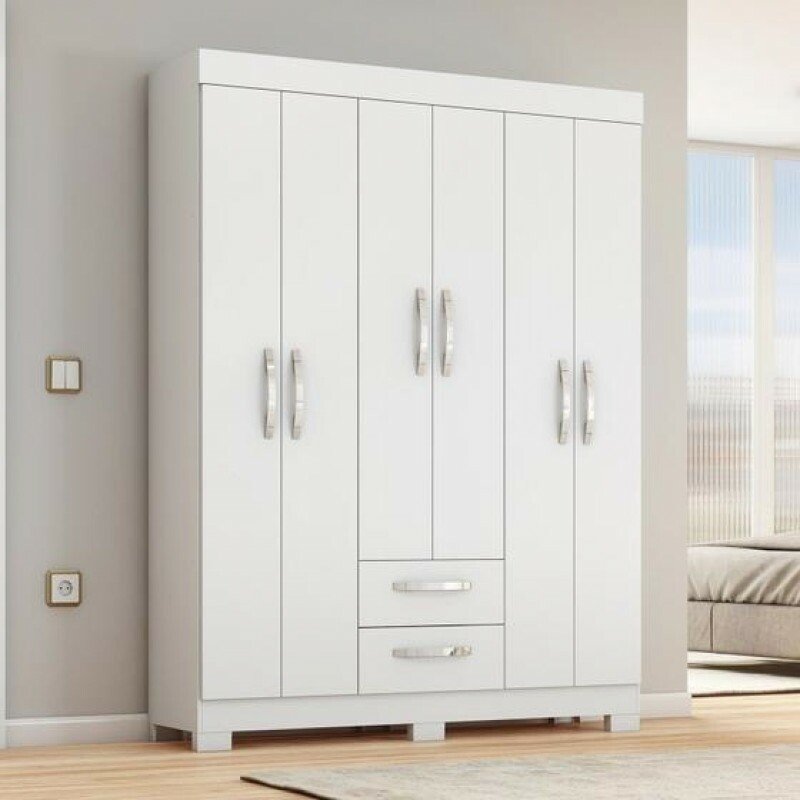 Guarda-roupa Nt6015 com 6 Portas e 2 Gavetas Branco/Rosa Notável