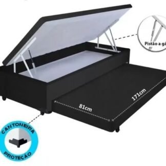 Base Baù Premoli Blindado 88X188X42  Solteiro 2 Em1 Auxiliar Cor Preta