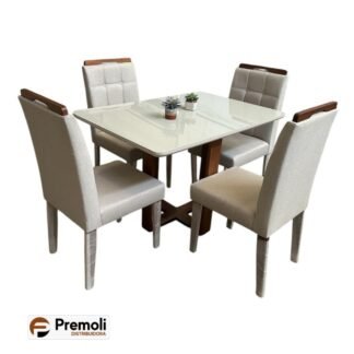 Mesa de Jantar Safira 1.20×80 EM  MADERIRA MACIÇA  C. Vidro 4 Cad. Pérola LINHO  Bege