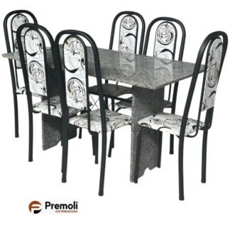 Mesa Tubular 070 6 Cadeiras Lavínea Cor Preta 140x75cm   C/Tampo E pés Em granito