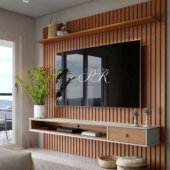 Painel Ripado Detroit  A 220 X L 230   Tv 75  Cor Nature/Off White  Tebarrot