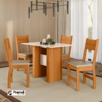 Conjunto Mesa 4 Cadeira Milano Cor  Freijo / Off  -POLIMAN