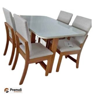 Mesa  Natalí 1200mm  4 Cadeiras Milla  canto Arredon c/ vidro –  Nature/Off White/Linho    Henn