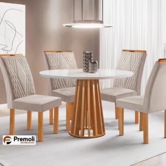 Mesa Berlim 1.00X1.00 Redonda C/ 4 Cadeiras Berlim Cor  Off White Cinamomo Bege Cel Móveis