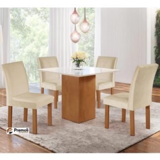 Mesa Dakota 90×90 Tampo Vidro C/4 Cadeiras Napoles Cinamomo/Off White/Bege