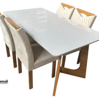 Mesa Dubai 1.20×90 C/4 Cadeiras Nevada Cor Off /Cinamomo Cel moveís