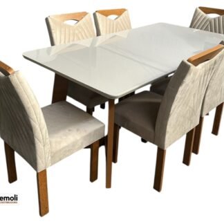 Mesa Dubai 1.70×90 C/ 6 Cadeiras Nevada Cor Off/Cinamomo Cel moveís