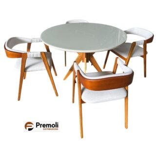 Mesa Italia 120X120  Em Madeira Maciça C/Vidro 4 Poltrona Veneza Linho Bege