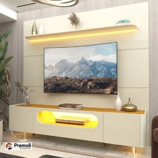 Painel Gelius Royal e Rack Nobre C/ LED  TV Até 85 Polegadas Pés de VIDRO  OFF White/Naturalle